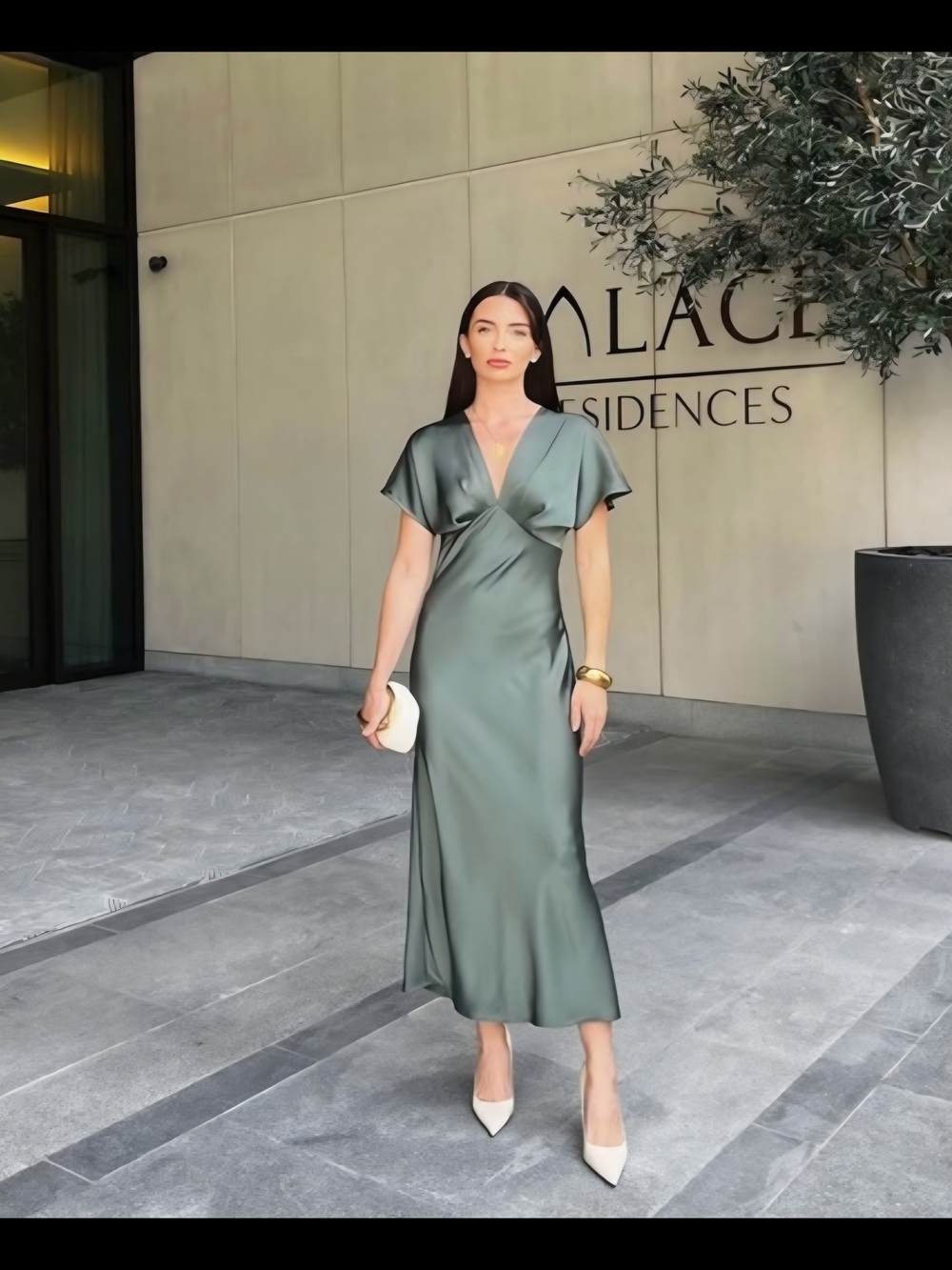 Zara Satin V-neck Midi Dress in Sage Green